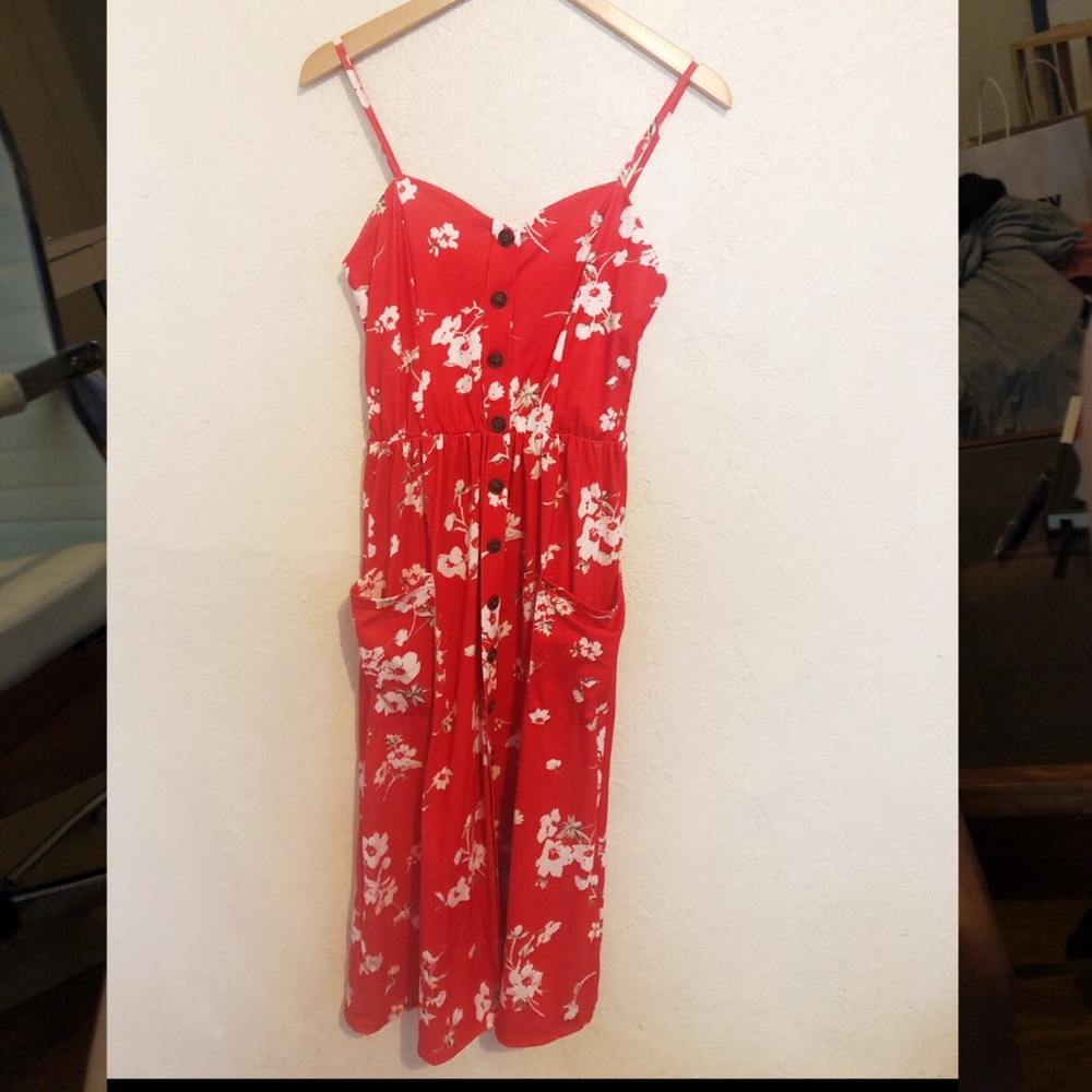 Red floral midi dress